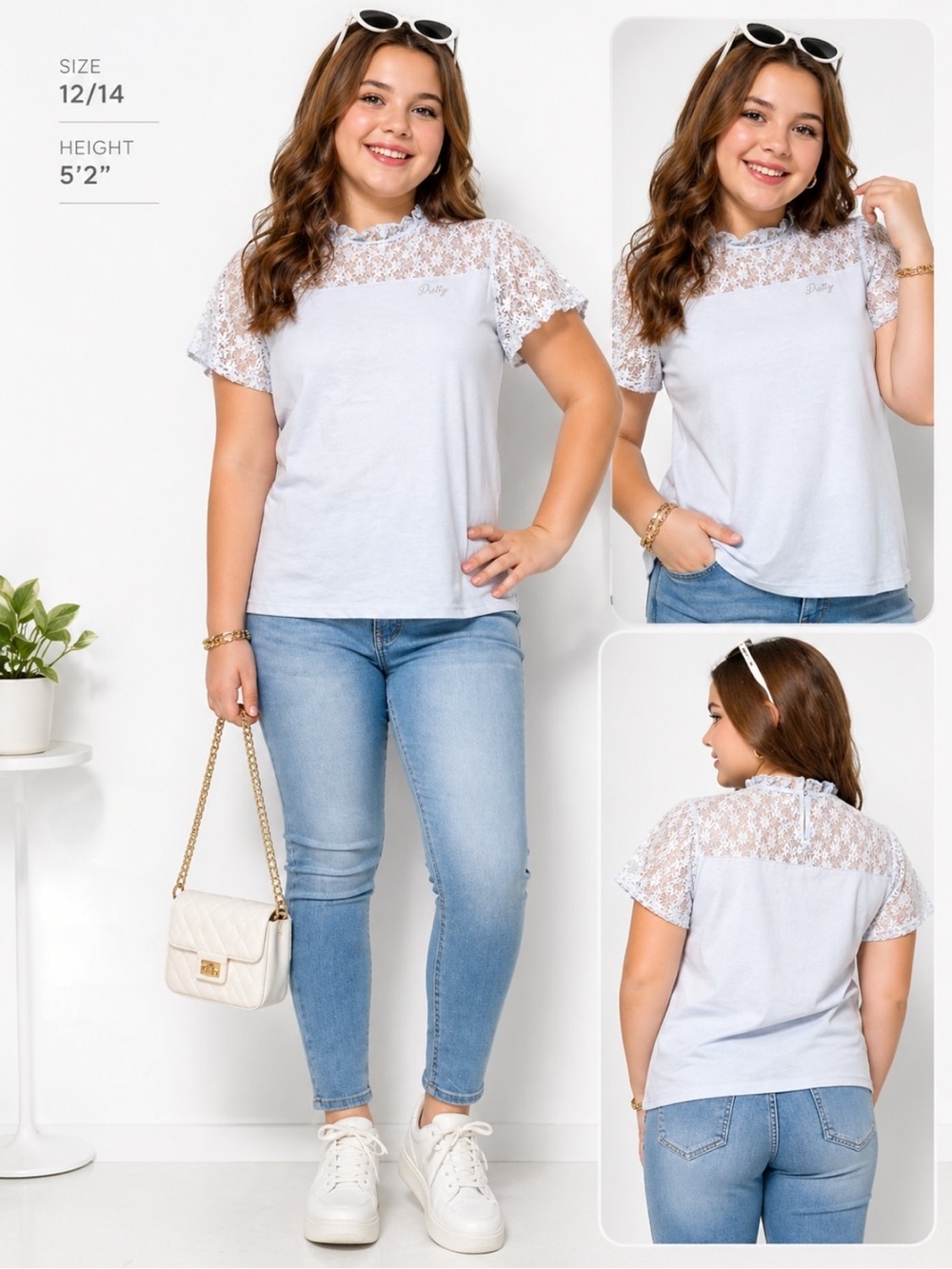 Gee Jay Girls | NWT 100% Cotton Light Blue Lace Yoke Top Ruffle Neck Tee (12–14Y